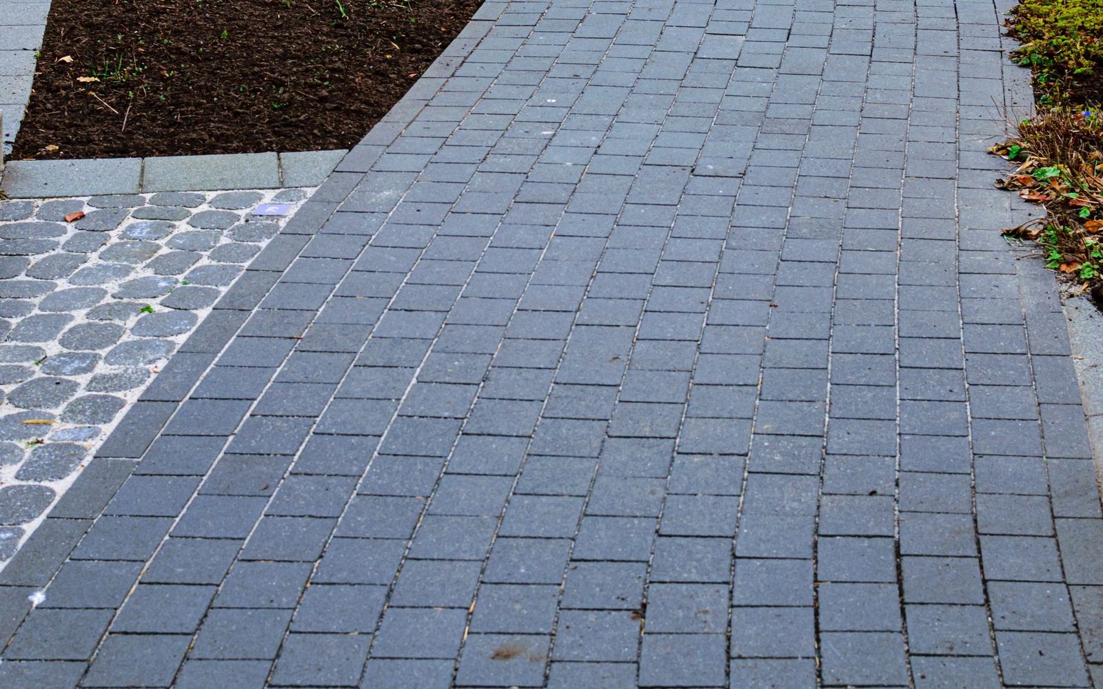 Curved block paved path through a landscaped garden area